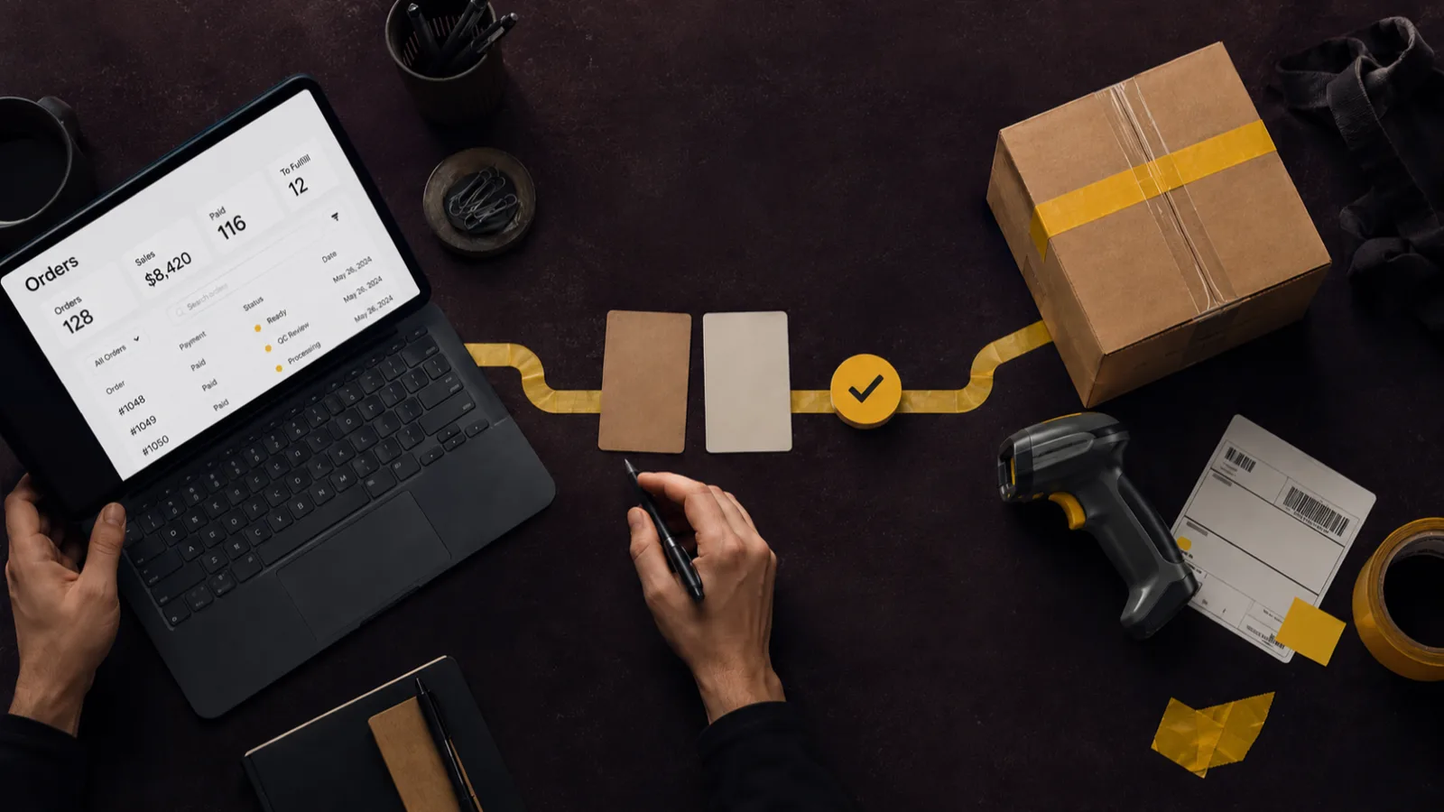 Overhead dropshipping fulfillment workflow with order dashboard, approval cards, parcel, and scanner