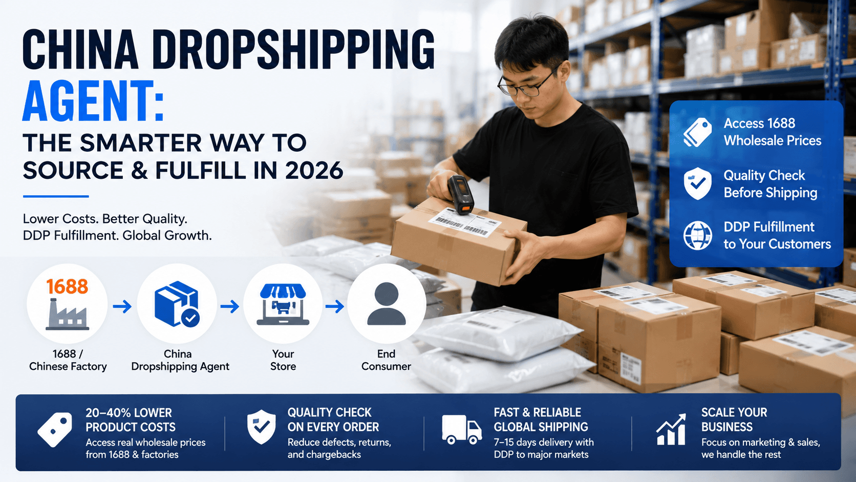 China dropshipping agent fulfillment workflow: sourcing from 1688, QC, and international shipping to end customers