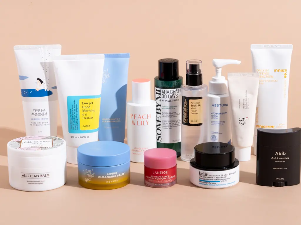Lineup of Korean skincare and beauty products including cleansers, toners, serums and sunscreen
