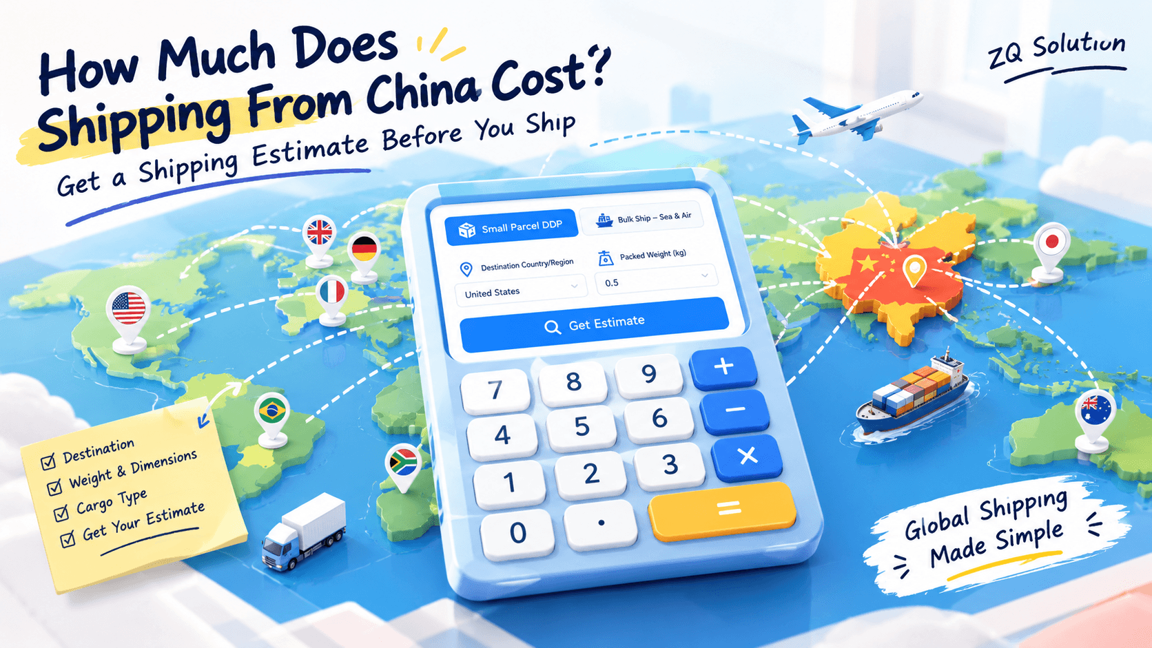 Freight cost calculator from China for parcel, air, and sea shipping estimates