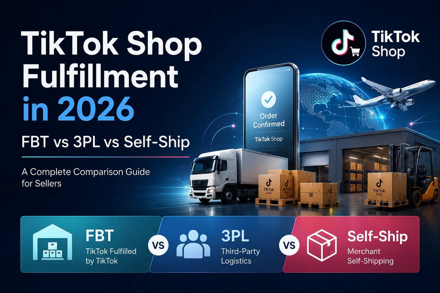 TikTok Shop fulfillment options compared: FBT (Fulfilled by TikTok), third-party 3PL and merchant self-shipping, with delivery truck, warehouse and air freight