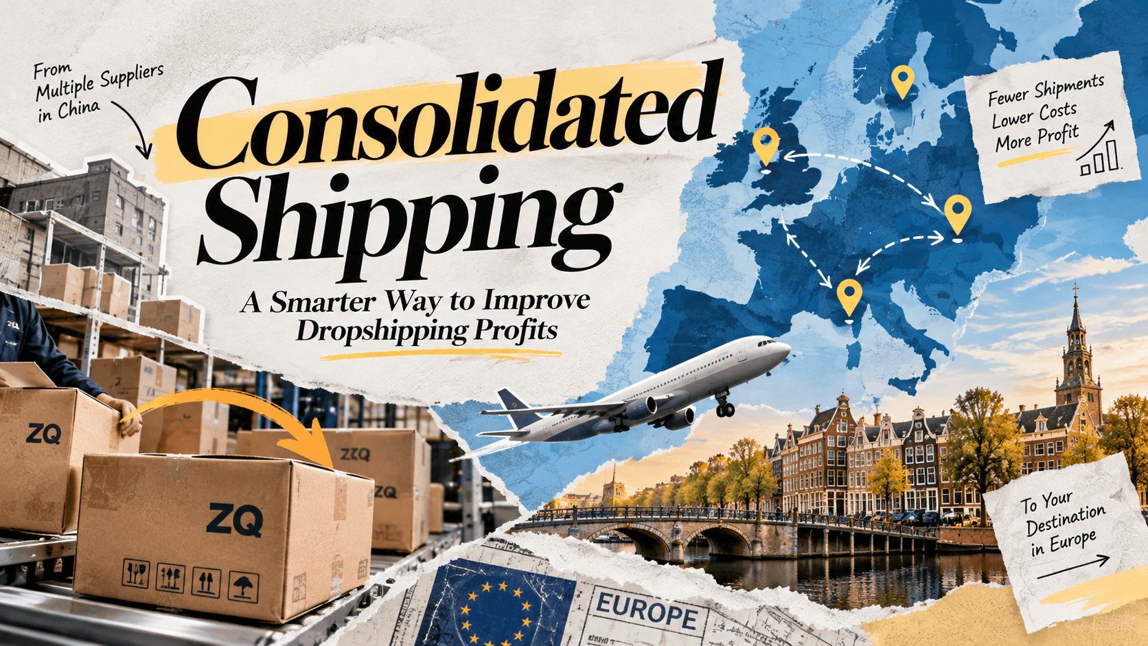 Consolidated shipping illustration with ZQ cartons in China and delivery destinations across Europe