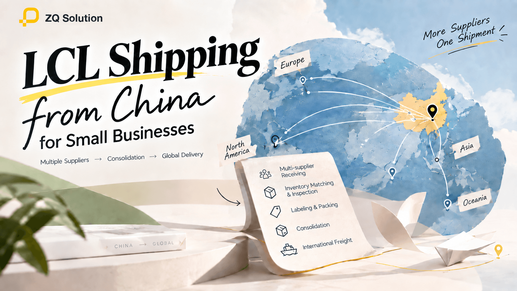 ZQ LCL shipping from China with multi-supplier consolidation and global delivery routes