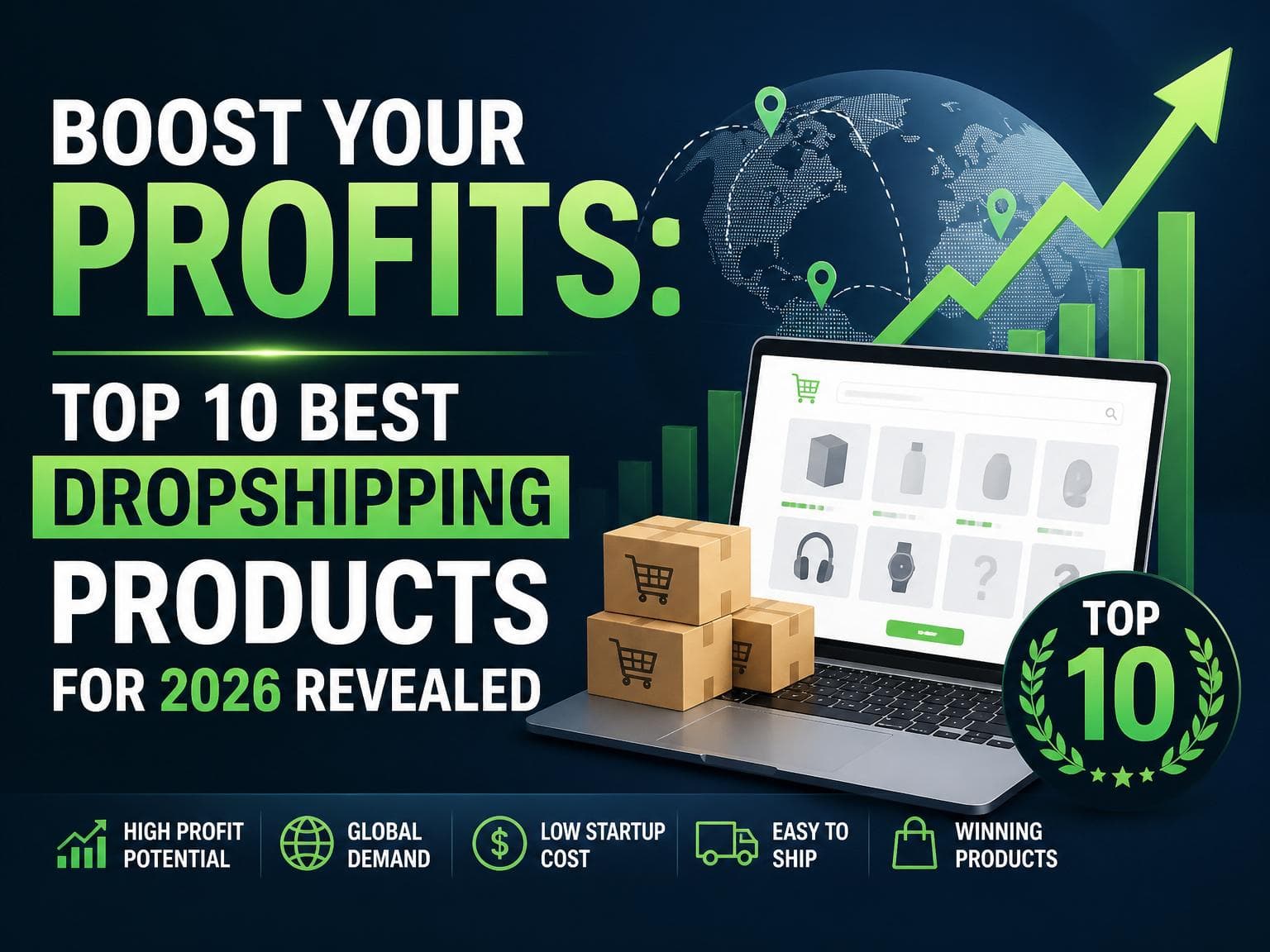 Marketing graphic with laptop, shipping boxes, globe and rising chart; text reads Boost Your Profits: Top 10 Best Dropshipping Products for 2026