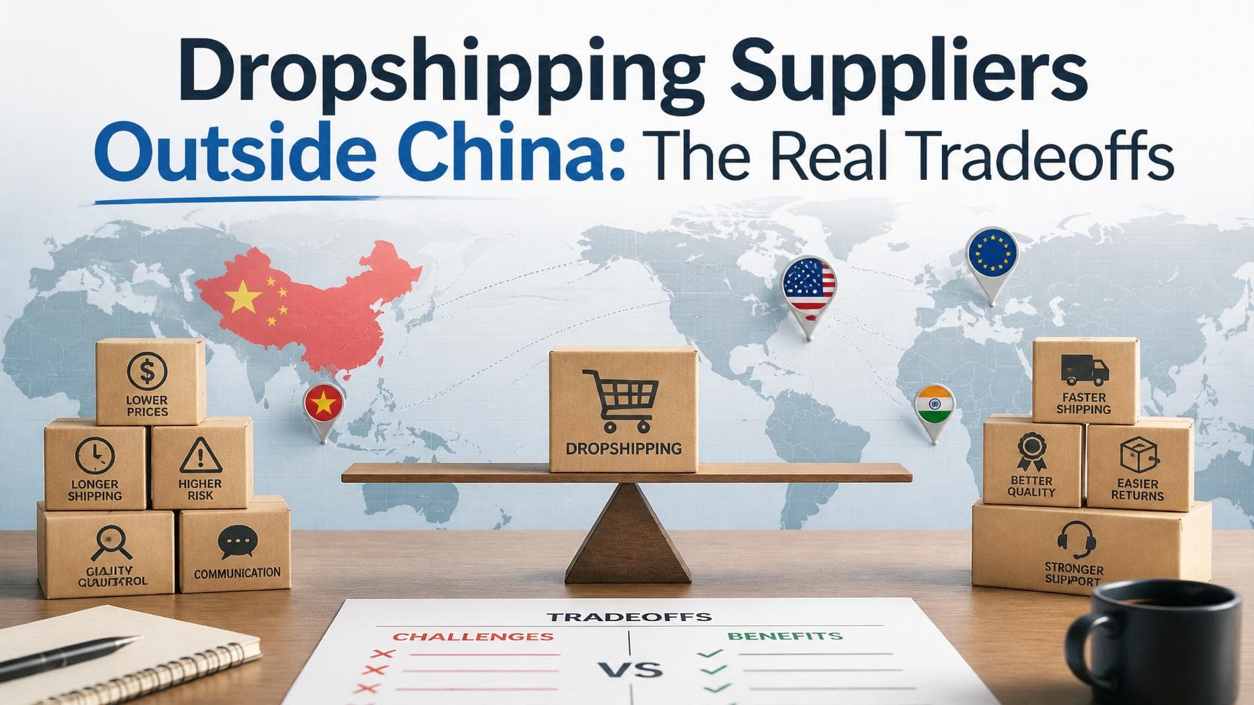 Map with boxes labeled "Dropshipping," representing trade-offs: lower prices, faster shipping. Text: "Dropshipping Suppliers Outside China: The Real Tradeoffs."