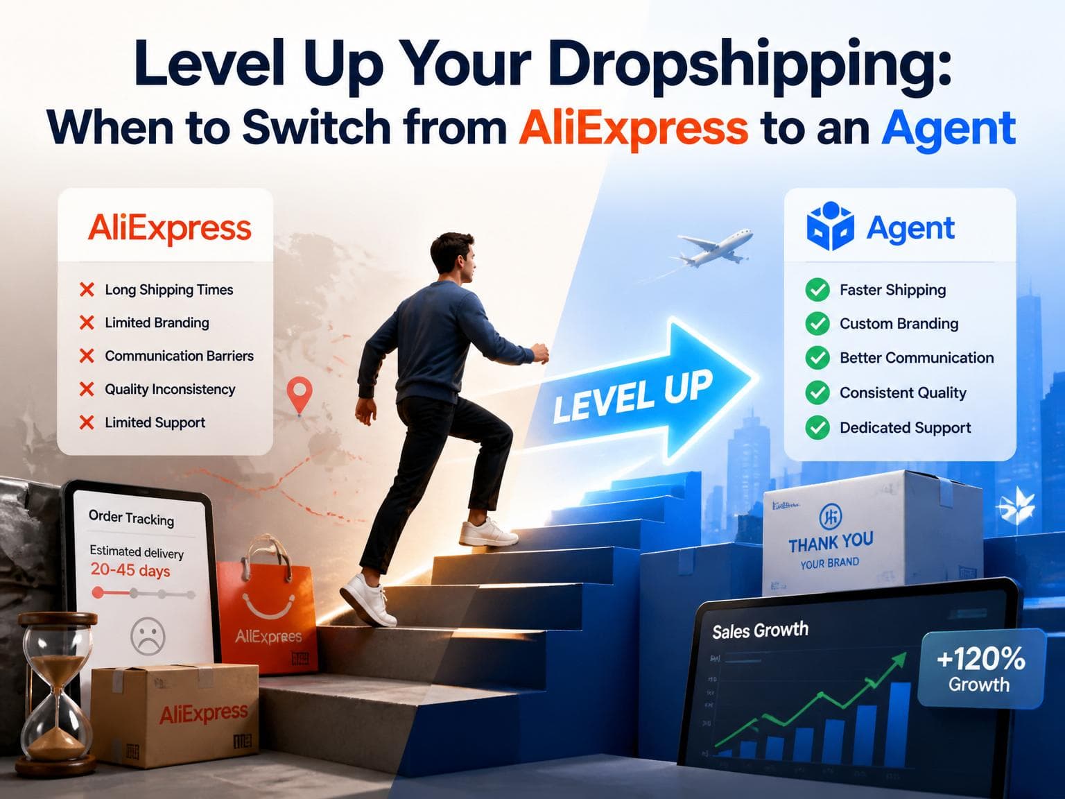 Man climbing stairs labeled "Level Up" from AliExpress issues to Agent benefits, with packages, graphs, and checklists illustrating progress.