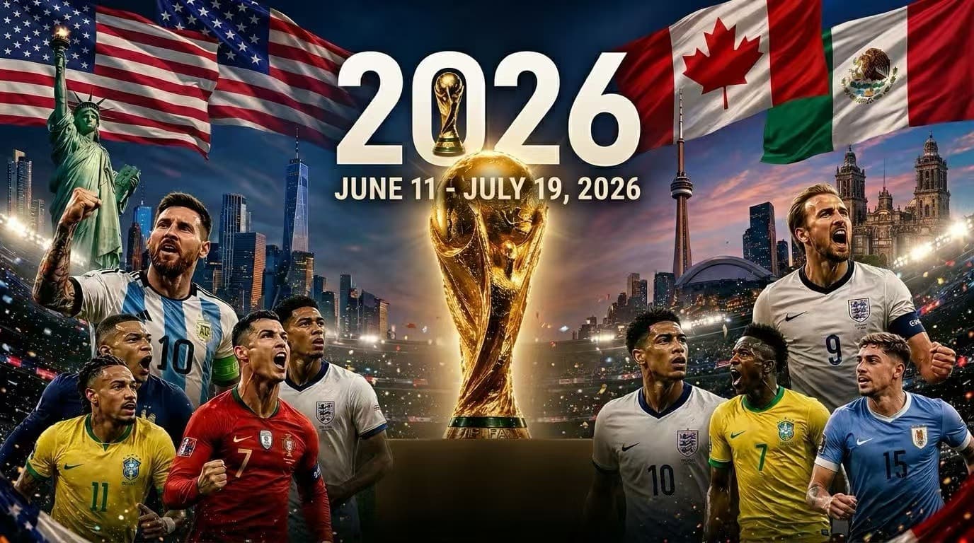 FIFA World Cup 2026 poster showing the trophy and national flags of the United States, Canada, and Mexico, June 11 to July 19, 2026