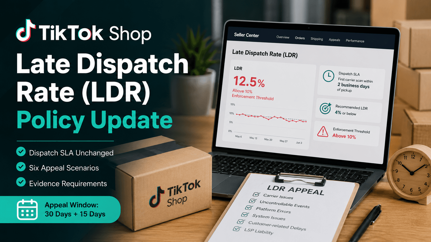 TikTok Shop Late Dispatch Rate (LDR) policy update infographic showing dispatch SLA, enforcement thresholds, six appeal scenarios, and appeal windows.