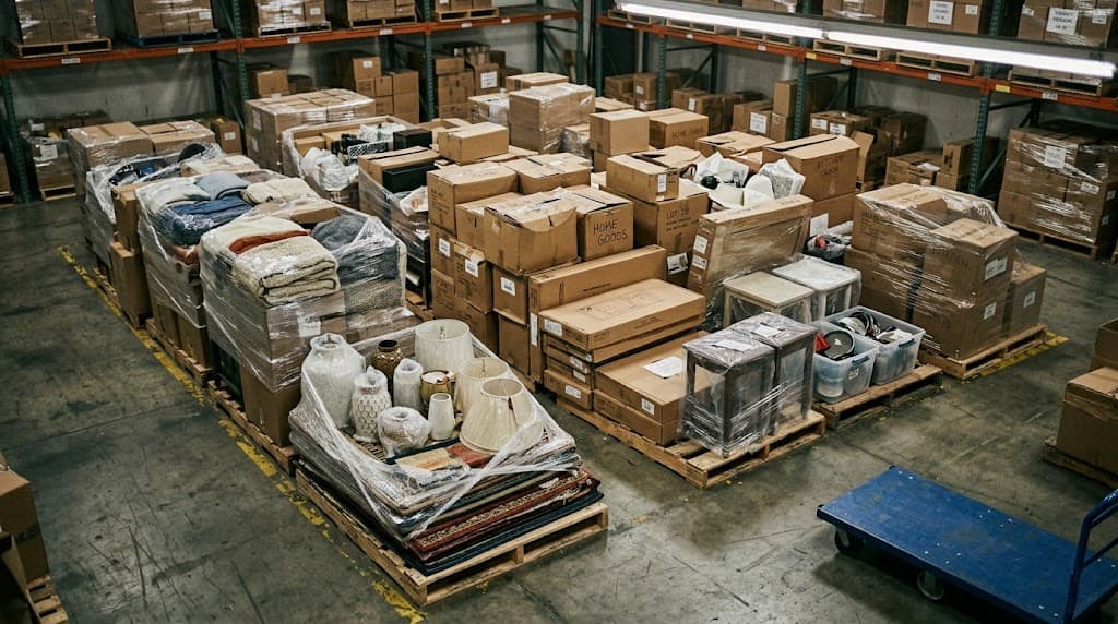 Retail liquidation warehouse stacked with return pallets and mixed merchandise lots, sourcing opportunity for independent e-commerce and dropshipping sellers