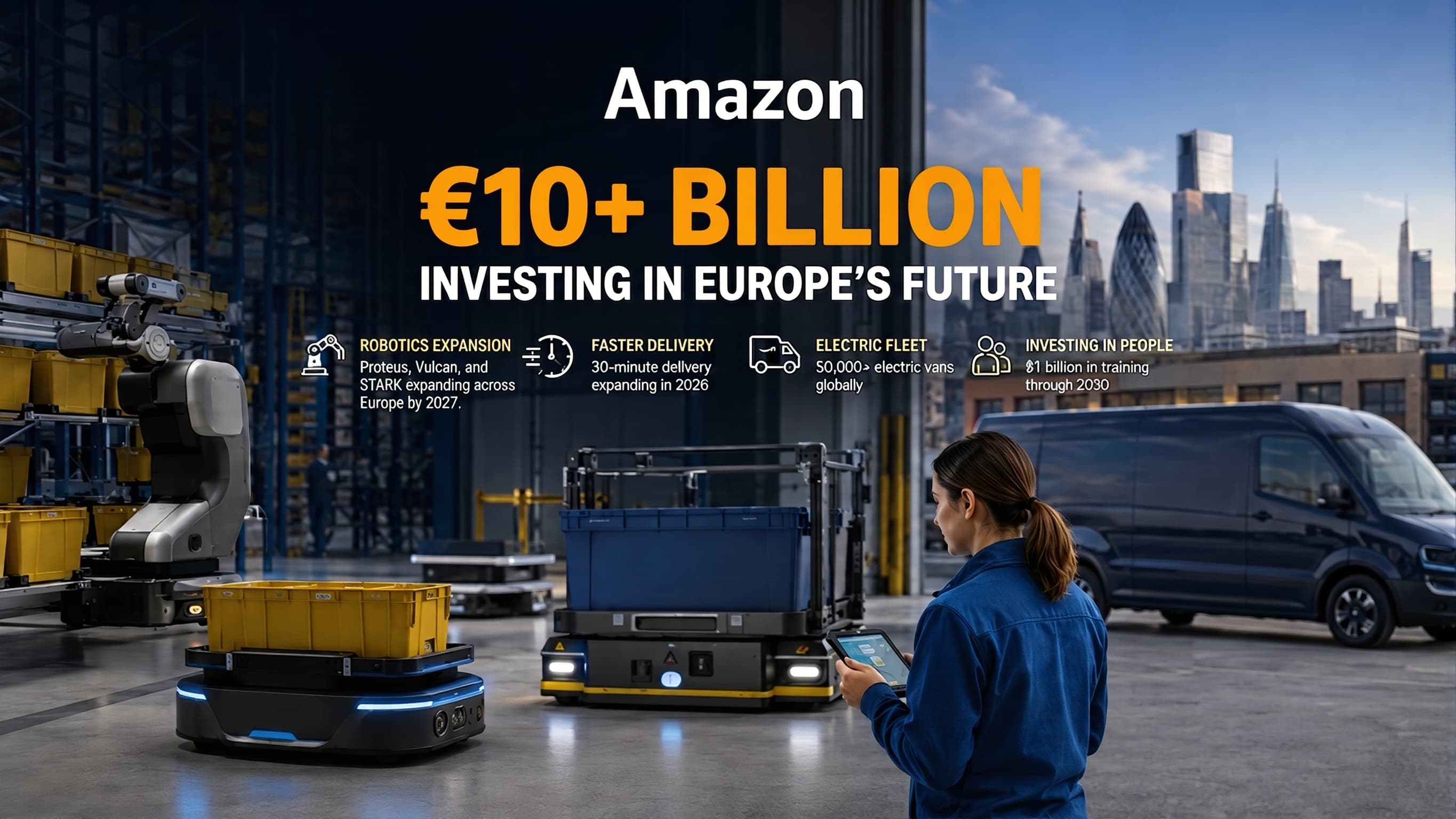 Amazon €10 billion European fulfillment investment: robotics expansion, faster delivery, electric fleet, and workforce training announced June 2026.