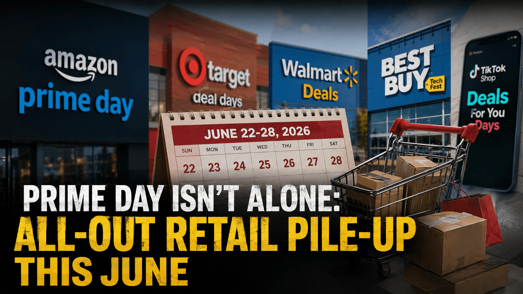 A promotional graphic titled "Prime Day Isn't Alone: All-Out Retail Pile-Up This June" showing logos for Amazon Prime Day, Target Circle Deal Days, Walmart Deals, Best Buy, and TikTok Shop alongside a calendar for June 22-28, 2026, and a shopping cart full of packages.