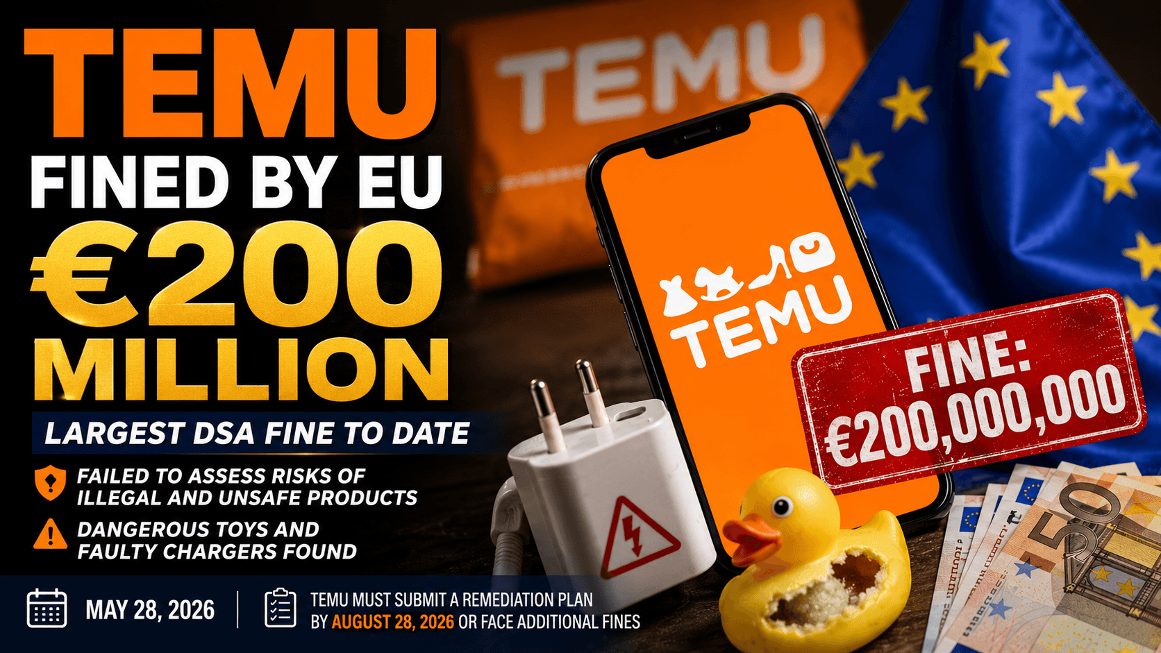 European Commission fines Temu €200 million under the Digital Services Act for failing to assess risks of illegal and unsafe products, including dangerous toys and faulty chargers. Fine issued May 28, 2026.