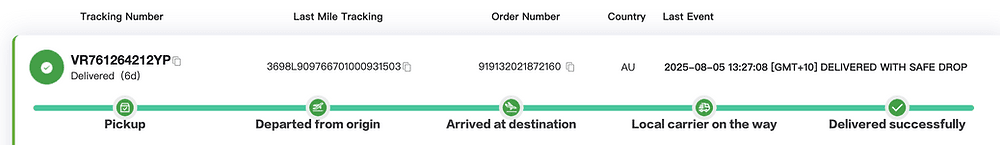 ZQ Dropshipping order timeline and international shipping tracking example