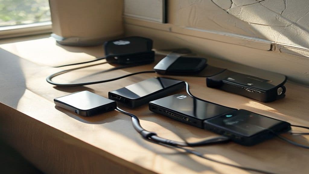 Portable power banks, cables, and a wall charger on a desk with a phone charging.