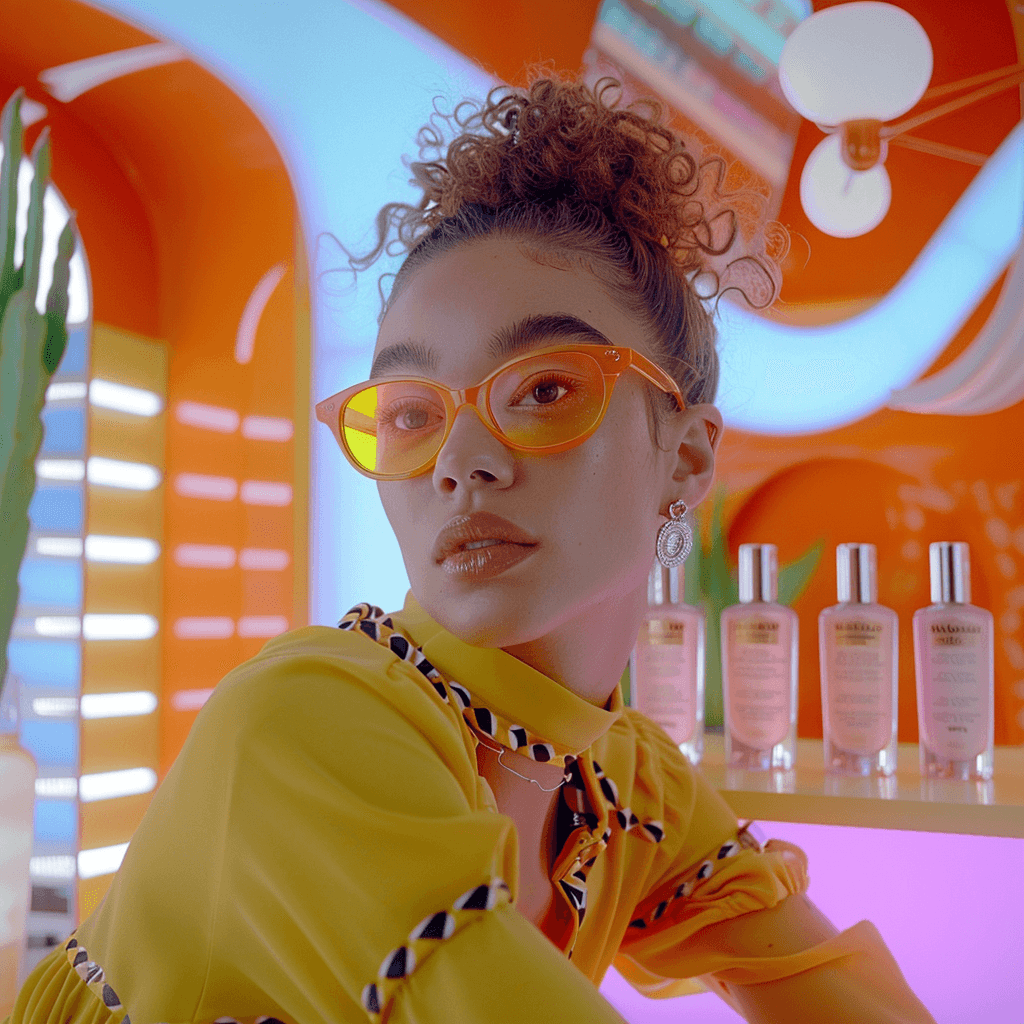 A vibrant TikTok dropshipping ad featuring a stylish young influencer displaying skincare products in a well-lit setting, with playful animations and text overlays that mimic TikTok's interface. Bright colors and energetic movements create an engaging atmosphere, emphasizing product details. Sharp focus, natural lighting, shot with a Canon EOS R5, hd quality