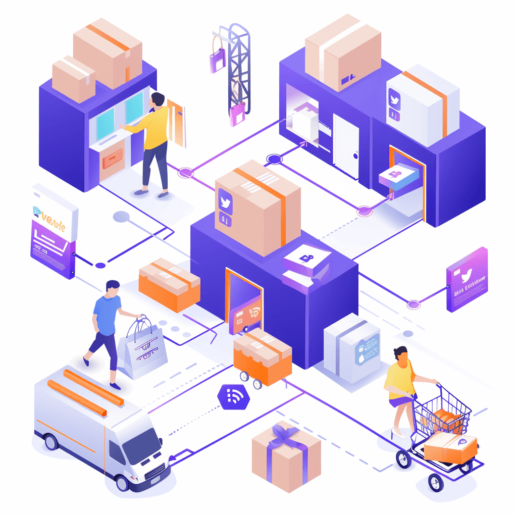 An illustration of a dropshipping process where products are shipped directly from suppliers to customers, bypassing traditional inventory. The scene shows a virtual shop with orders being fulfilled by suppliers. Bright, clean graphics with easy-to-understand icons and arrows. Created Using: flat design, simple lines, colorful icons, clear arrows, minimalist infographic style, smooth gradients, professional look