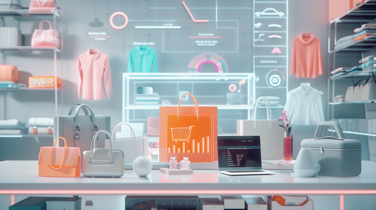 High-resolution product sourcing visualization for dropshipping – a digital interface showing trending product categories like eco-friendly items, tech gadgets, and custom lifestyle products. A virtual assistant icon represents ZQ Dropshipping, helping to source products from 1688. The background has a clean, modern e-commerce setup with subtle graphs of trends, vibrant product icons, and shopping cart graphics. Use a semi-realistic, futuristic interface style, bright and engaging lighting, with a focus on user-friendly design. --ar 16:9 --v 6.0 --style raw