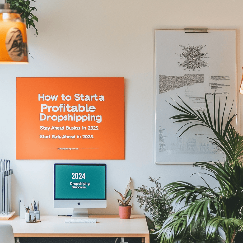 Eye-catching Banner for the Article Concept: A clean, modern banner that highlights the key theme: "How to Start a Profitable Dropshipping Business in 2024 and Stay Ahead in 2025." Visual Elements: A picture of an online store (could be a screenshot or mock-up of a Shopify store). An image of a product (such as a popular item for dropshipping). Text overlay: "Start Early, Stay Ahead!" and "2024 Dropshipping Success." Tools to Create: Canva, Adobe Spark, or Fotor. These tools have templates for banners that you can customize.