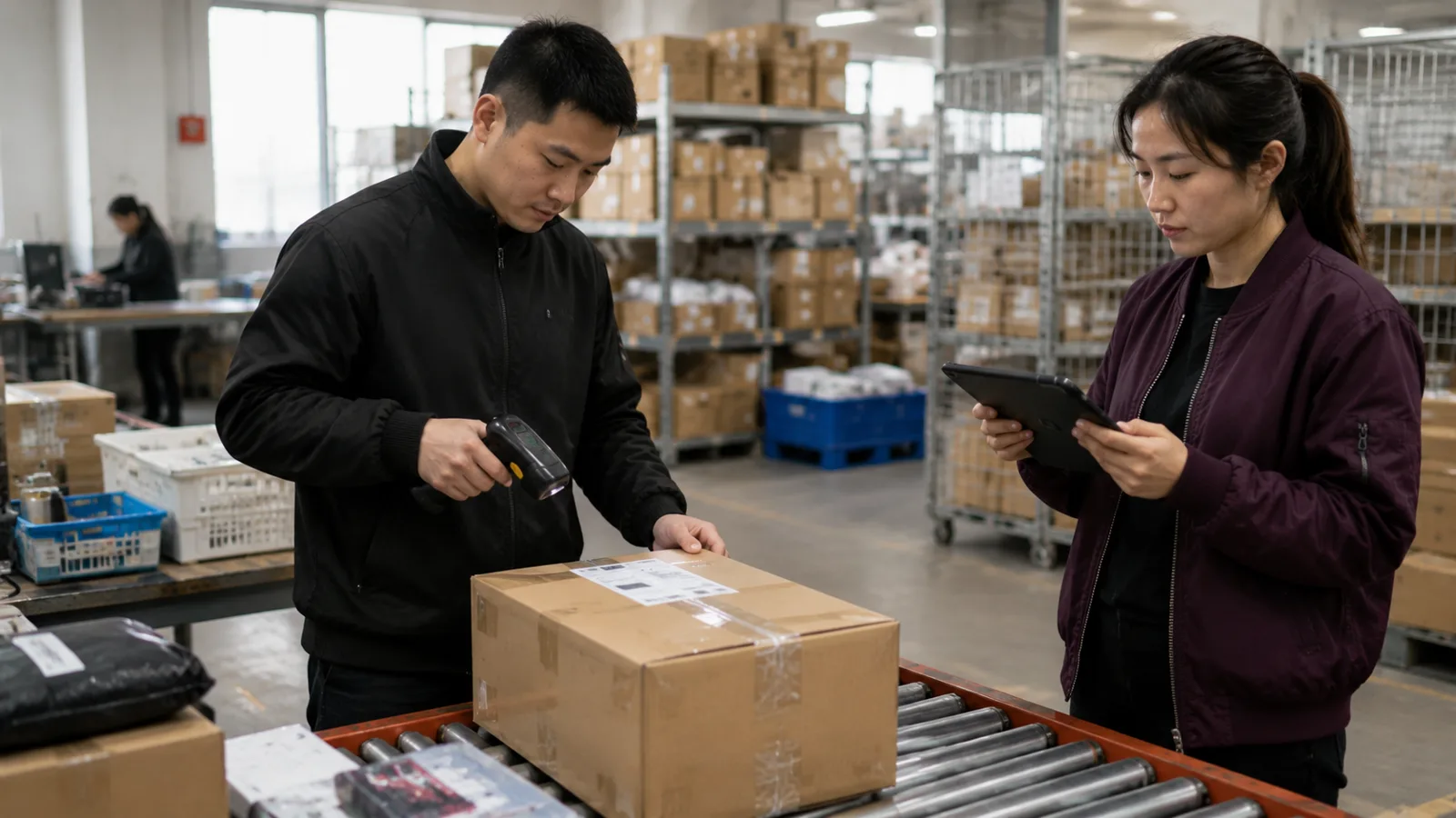 Warehouse worker scanning a parcel while a service agent checks logistics information