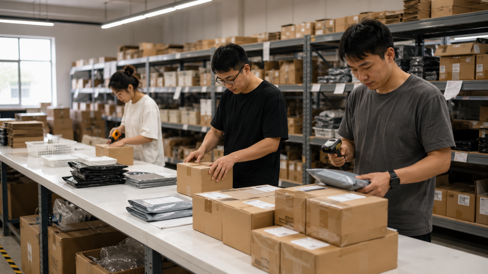 Workers at a China dropshipping agent warehouse inspecting and packing parcels for international shipping