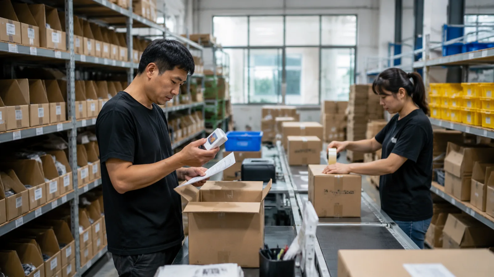 China order fulfillment warehouse team checking and packing e-commerce orders