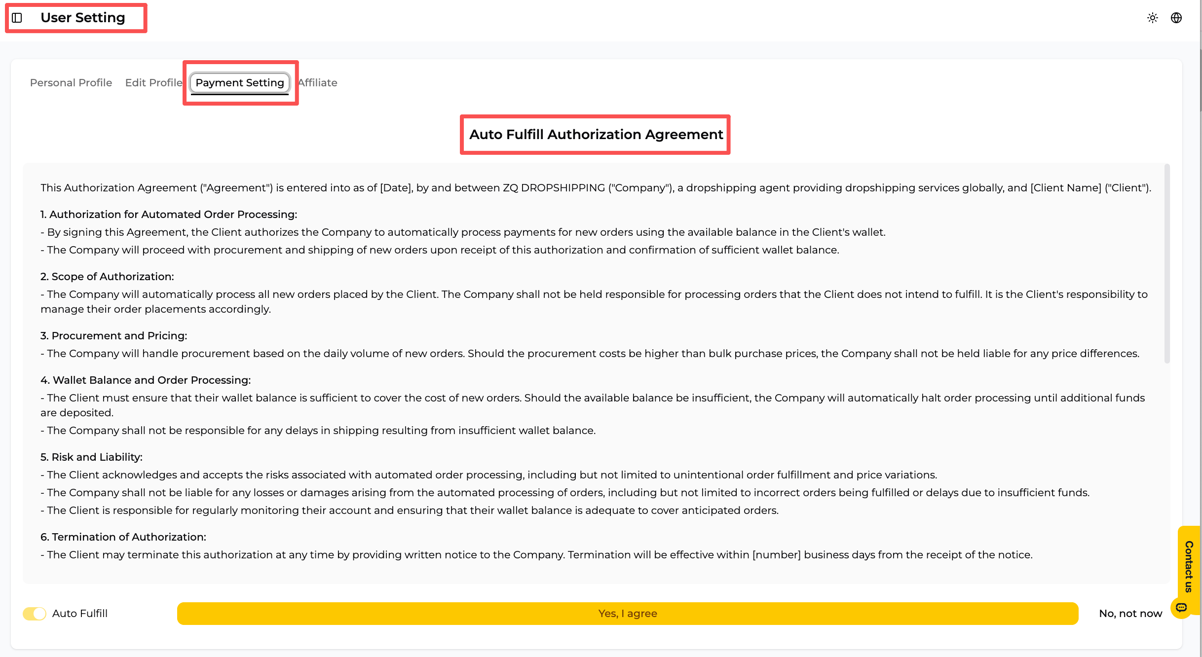 ZQ Payment Setting page showing the Auto Fulfill authorization