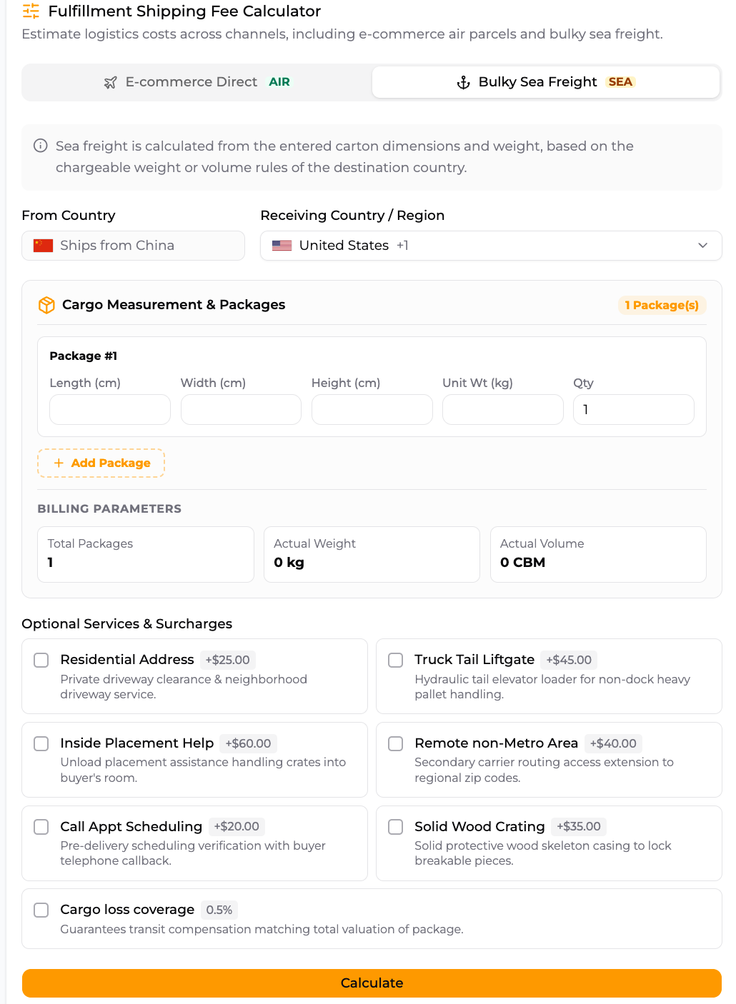 ZQ air and sea freight calculator with destination, dimensions, weight, and package quantity fields