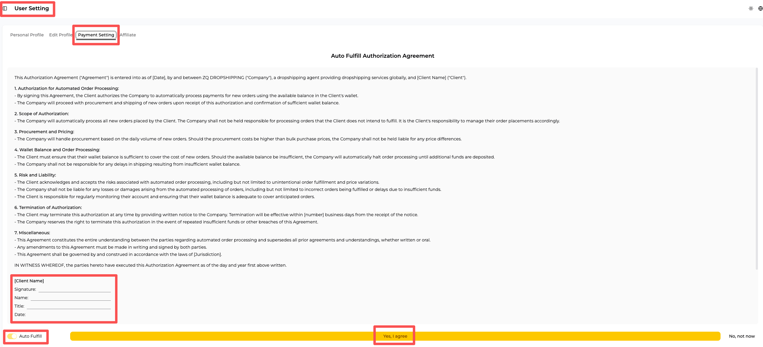 ZQ Payment Setting page with the Auto Fulfill authorization and payment controls