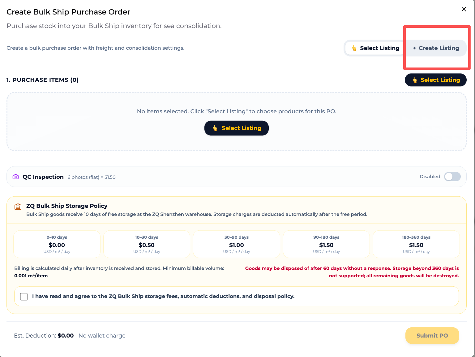 ZQ Create Bulk Ship Purchase Order page with Select Listing, Create Listing, QC, and storage policy