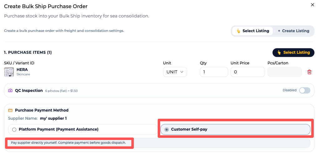 Customer Self-pay option in a Bulk Ship Purchase Order