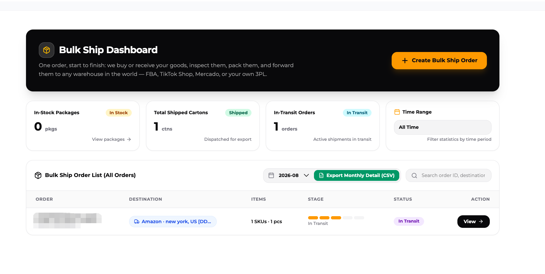 Create Bulk Ship Order button on the ZQ Bulk Ship Dashboard