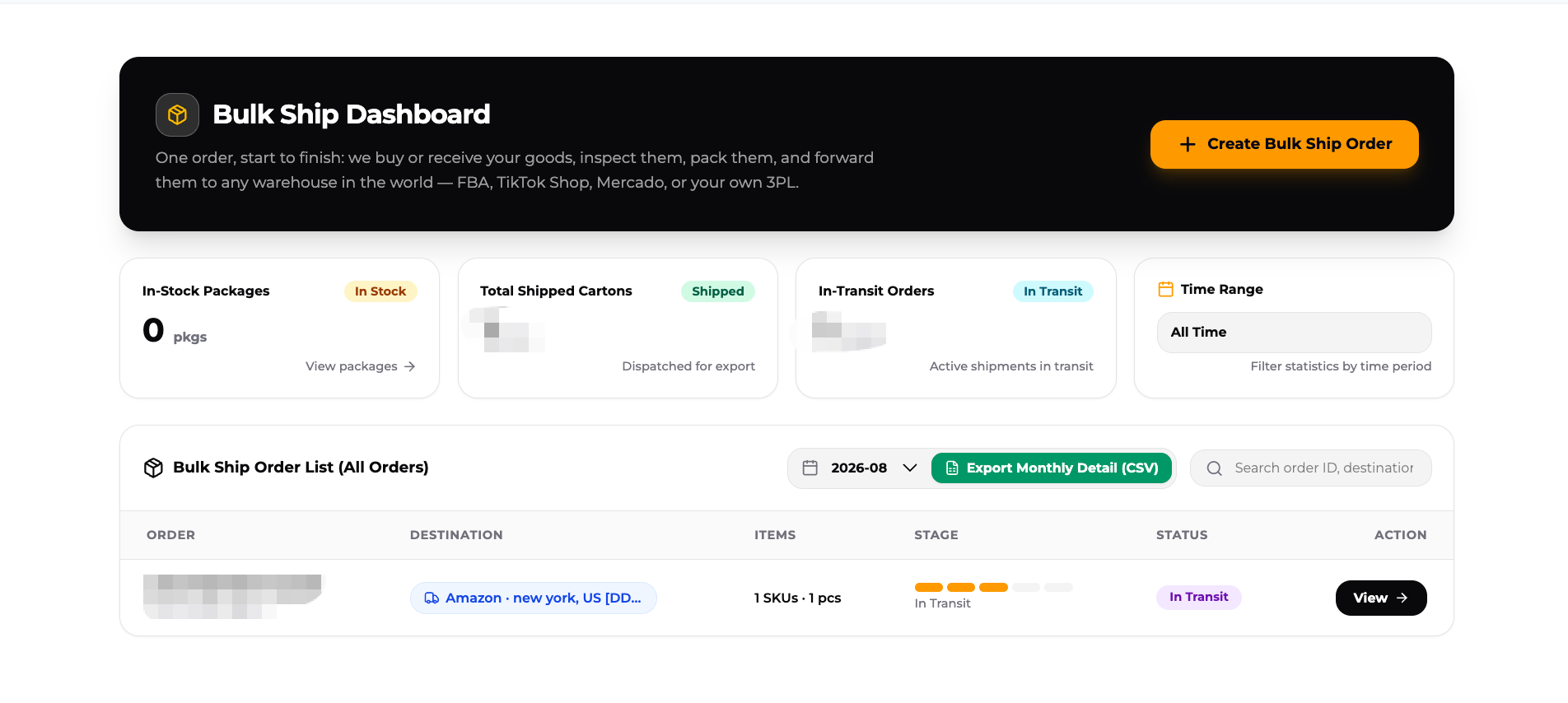 ZQ Bulk Ship Dashboard with order creation, shipment stage, destination, and status
