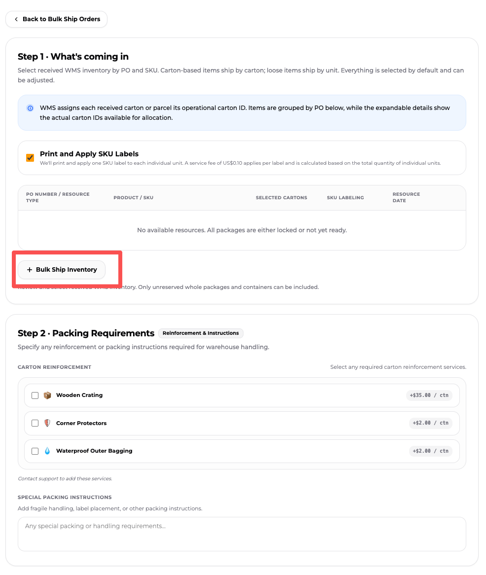 Bulk Ship Inventory, SKU labeling, and protective-packaging options on the Bulk Ship Order page