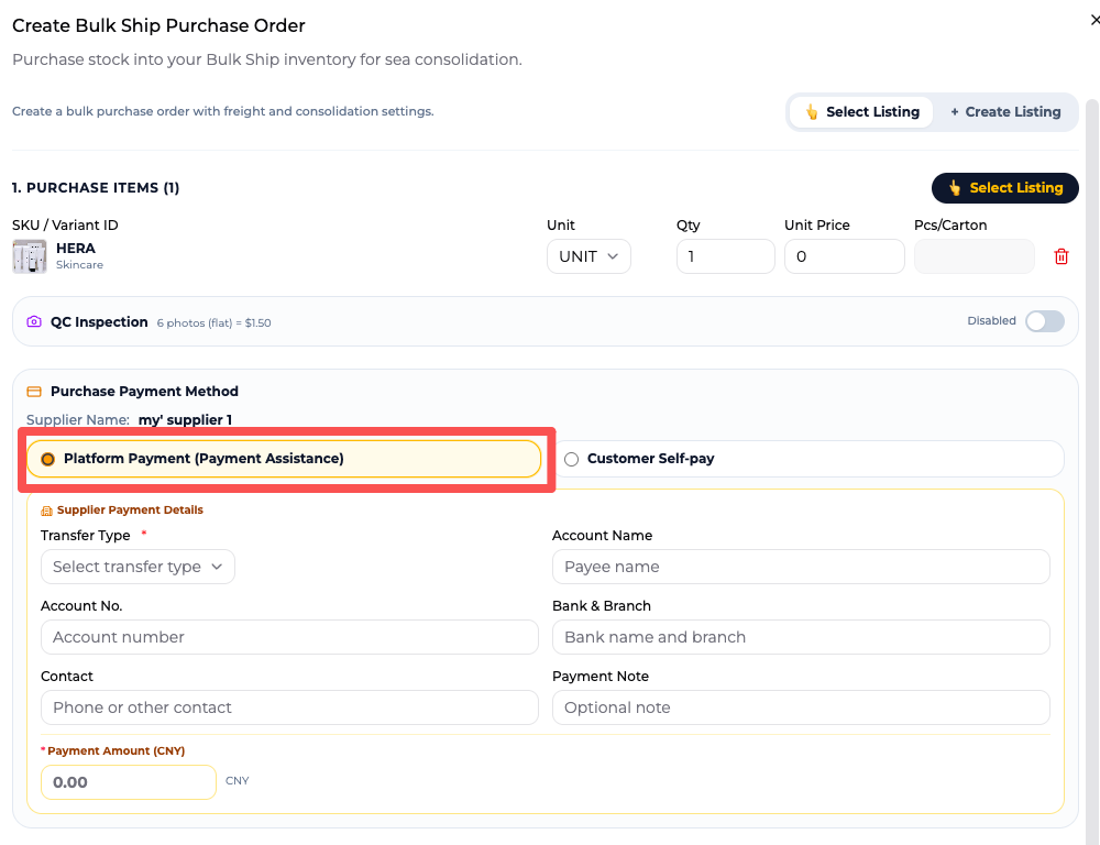 Platform Payment assistance option and supplier payment fields in a Bulk Ship Purchase Order