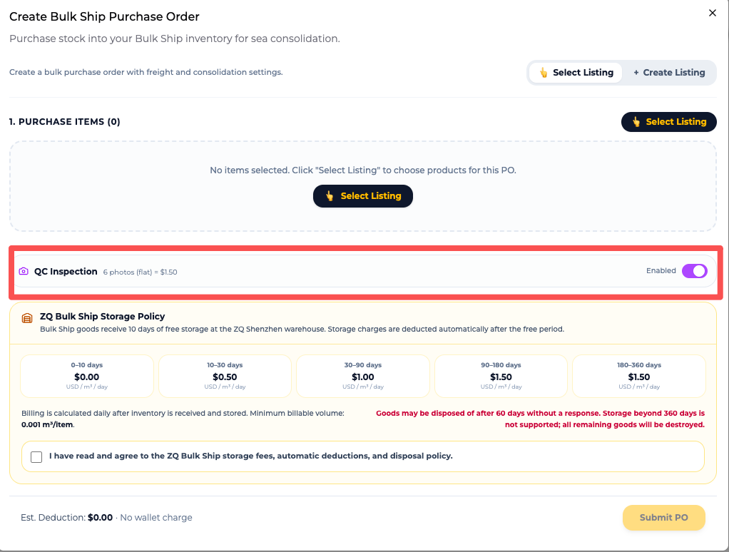 QC Inspection switch and storage policy on the Bulk Ship Purchase Order page