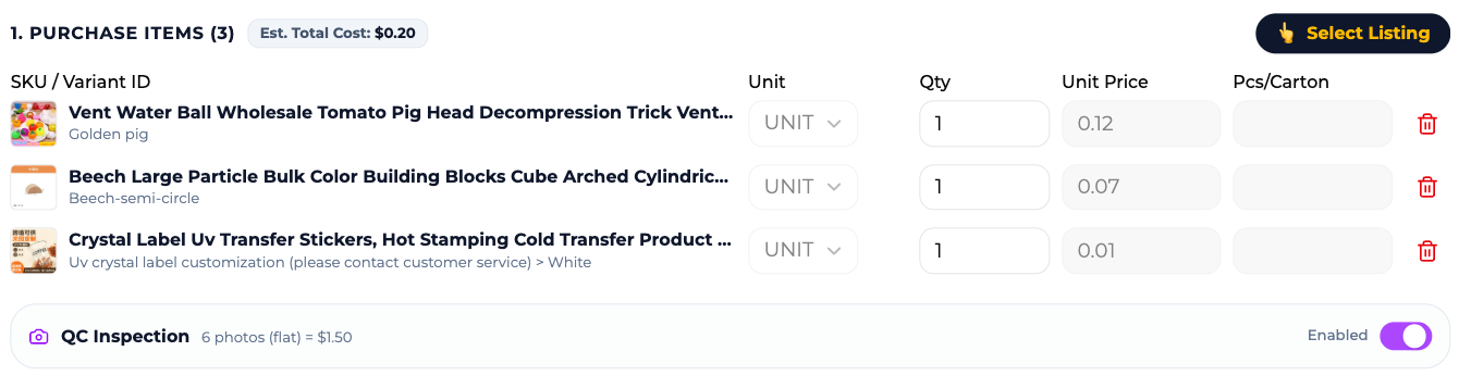 ZQ paid QC interface showing six photos for a flat USD 1.50 fee