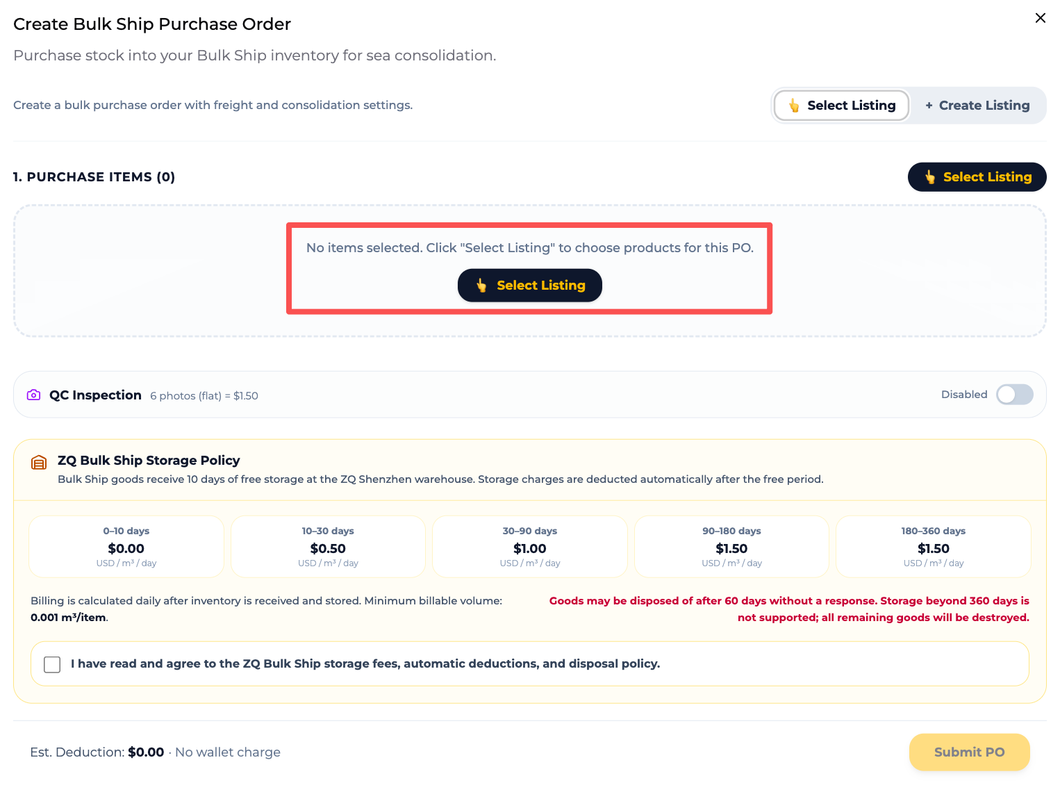 Select Listing button, QC option, and storage policy on the ZQ Create Bulk Ship Purchase Order page