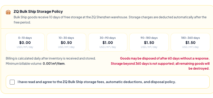 ZQ Bulk Ship storage policy showing 10 free days and later charges based on volume and storage time