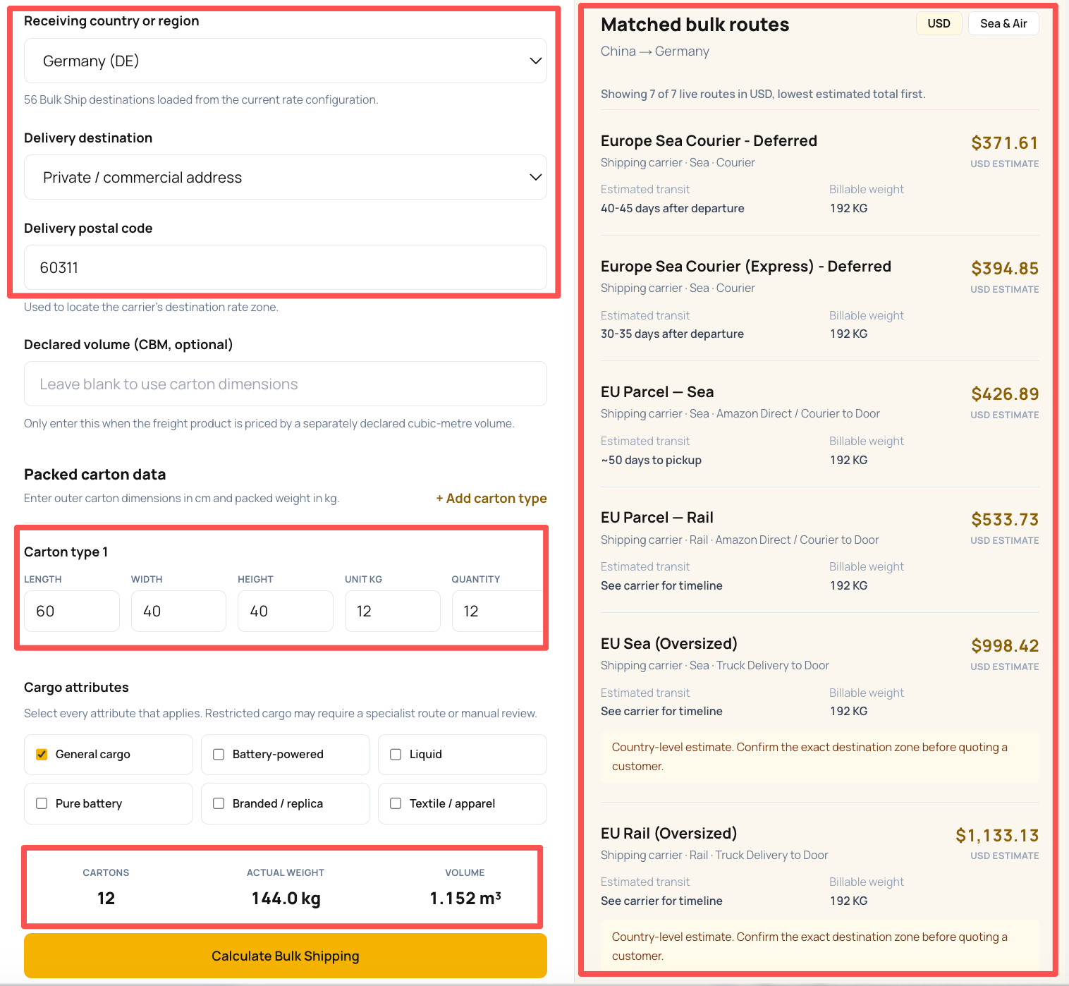ZQ Bulk Ship calculator showing sea and rail estimates for Postal Code 60311 in Germany