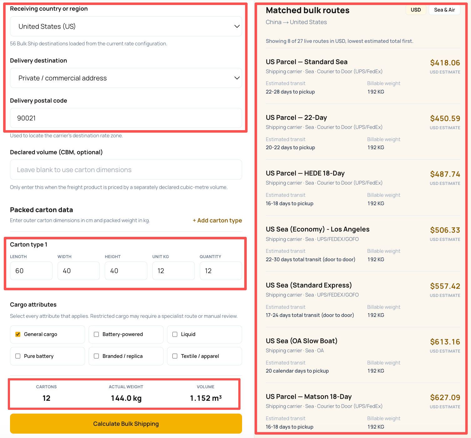 ZQ Bulk Ship calculator showing sea-shipping routes, carton data, and estimated costs for ZIP Code 90021 in the United States