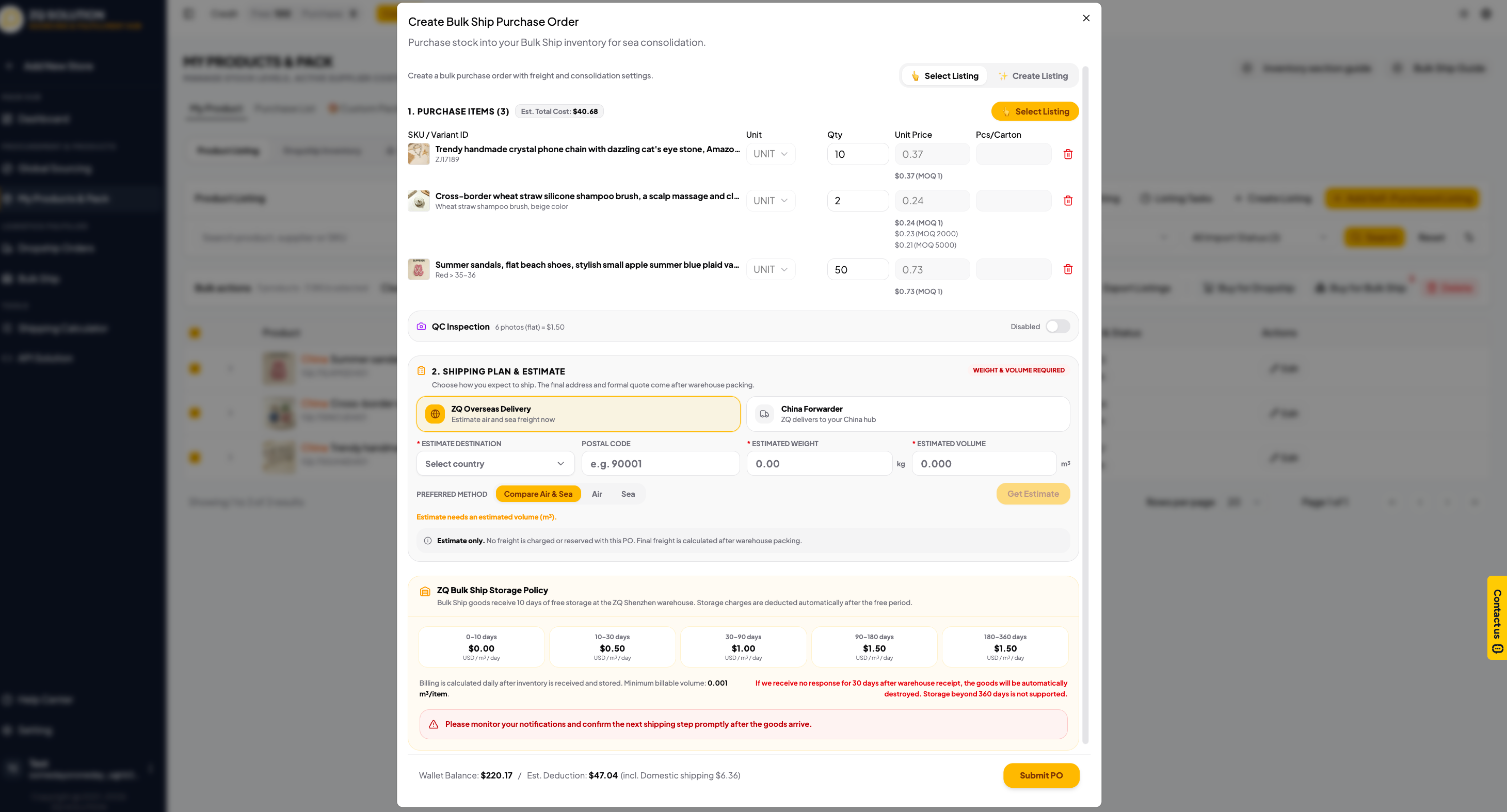 ZQ BulkShip purchase order with multiple SKUs, quantities, QC, and shipping options