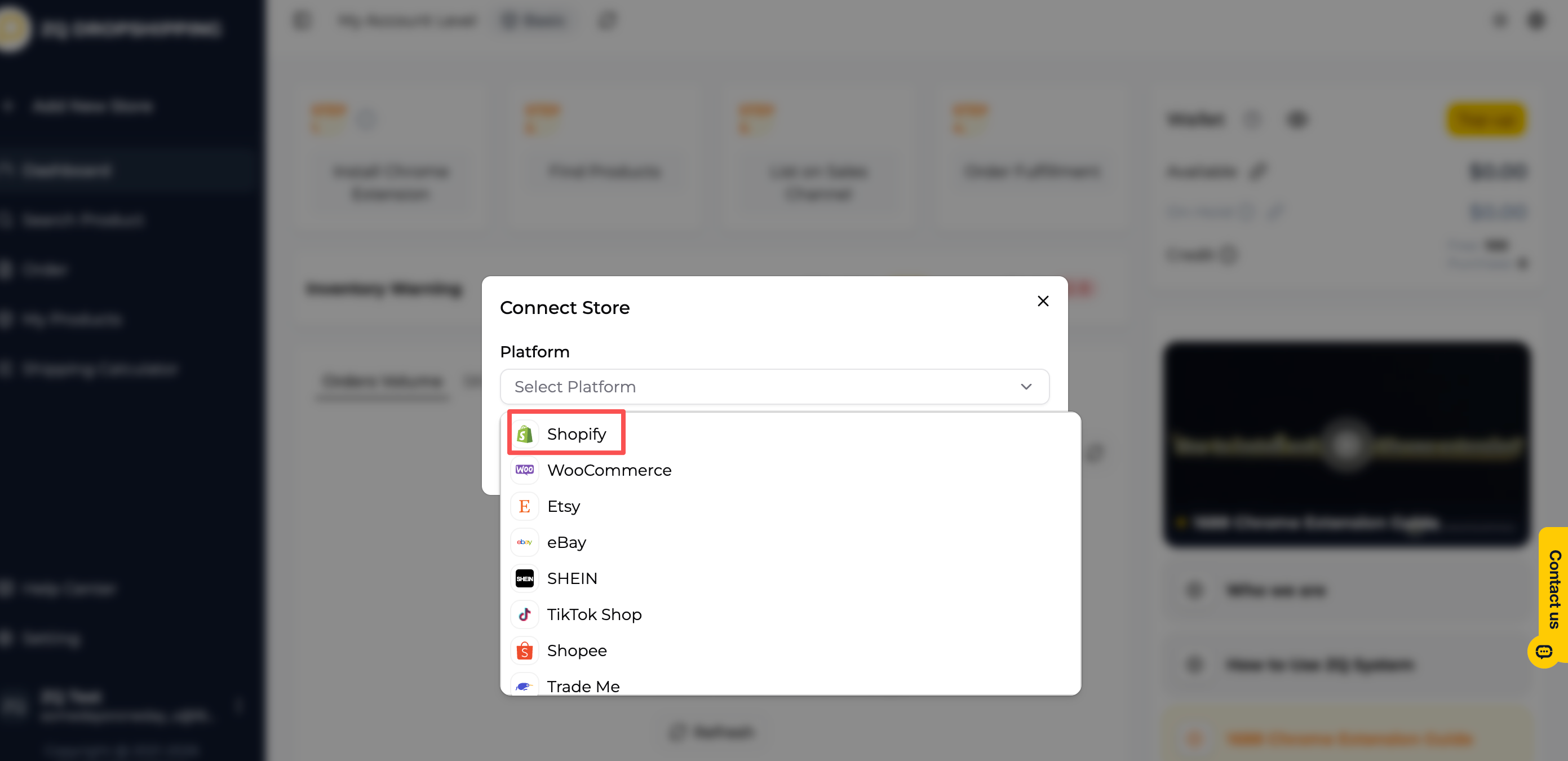 ZQ Connect Store window with Shopify selected as the ecommerce platform