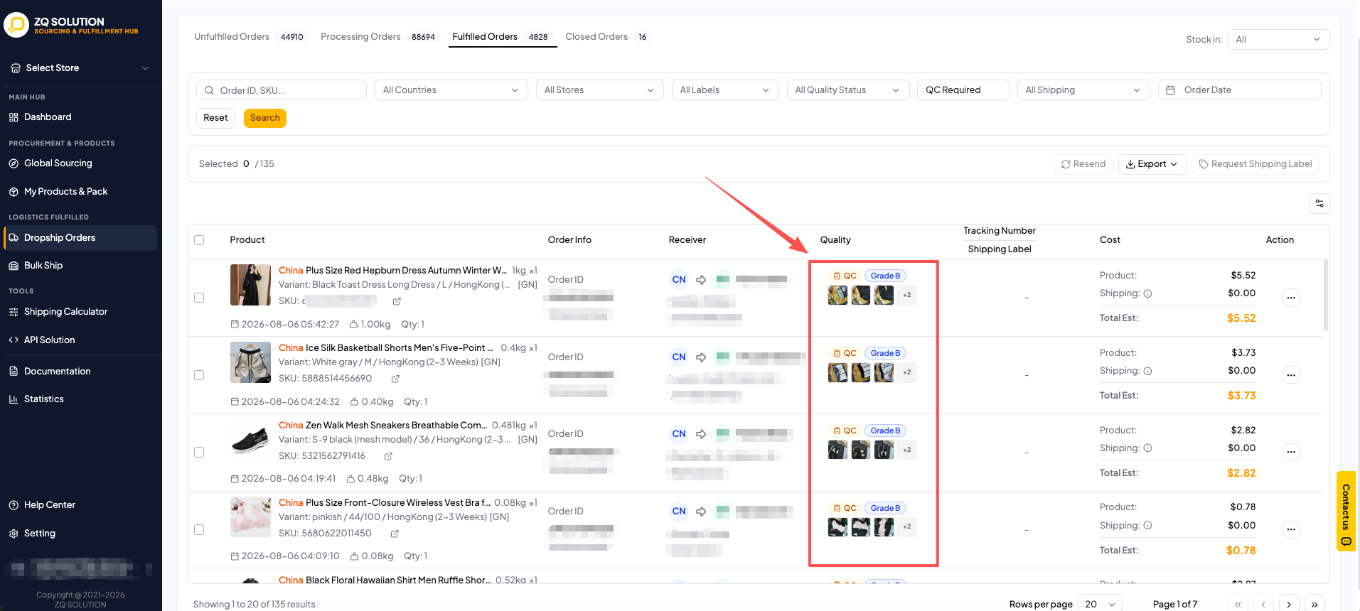 ZQ Solution Dropship Orders page showing QC grade and photo thumbnails in the Quality column